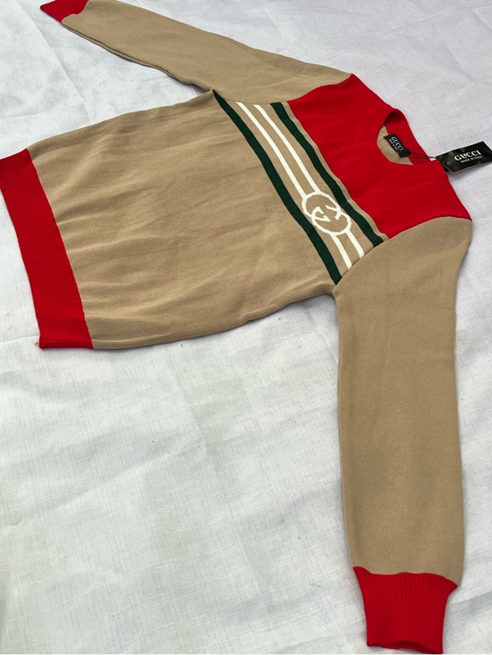 Gucci Beige Crewneck Sweater with Red and Green Stripe Detail
